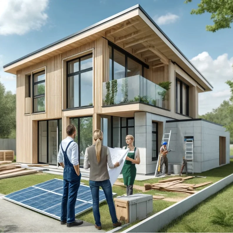 un architecte qui discute avec un entrepreneur sur le chantier de construction d'une maison écoénergétiques