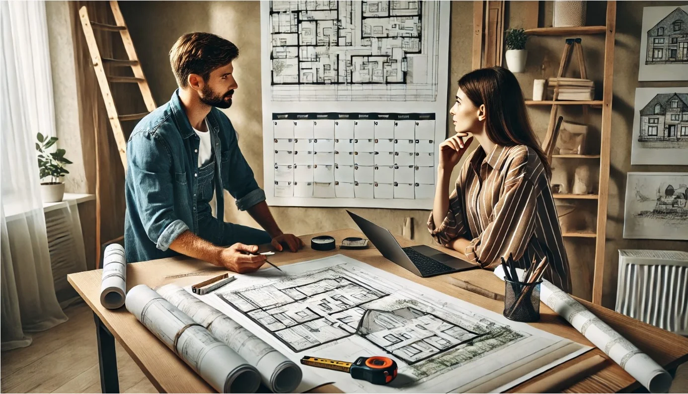 Couple assis à une table dans leur logement, consultant des plans de construction et un calendrier pour déterminer l'échéancier de leur projet