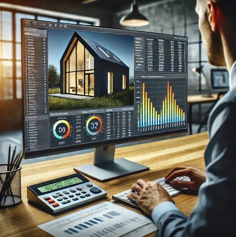 un architecte devant son ordinateur effectuant des analyses énergétiques à l'aide d'un logiciel de simulation