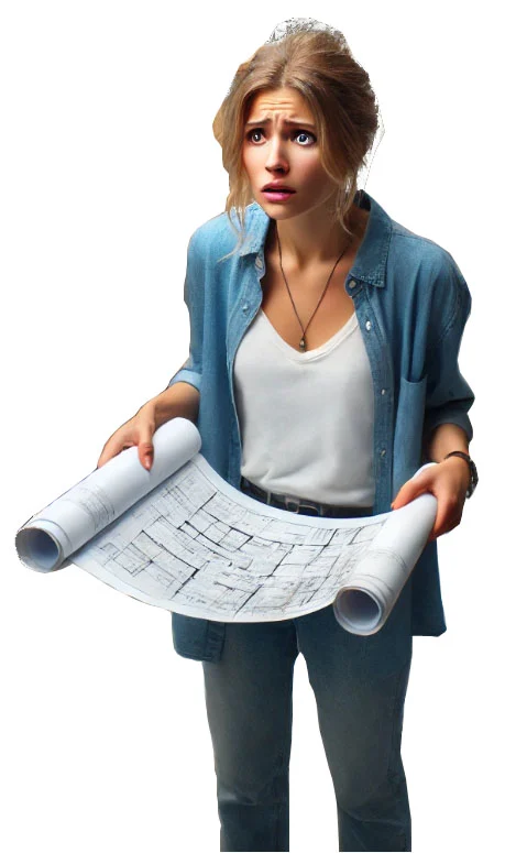femme tenant des plans de construction en main, mais dépassé par l'ampleur de la tache en chantier